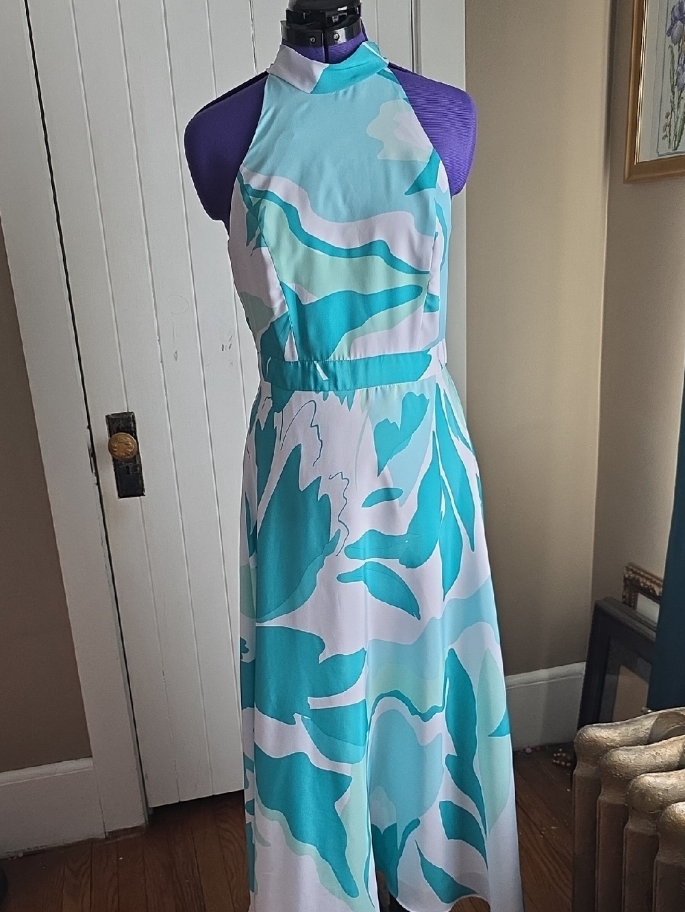 Tahari ASL Turquoise and White Halter Floral Maxi Dress
